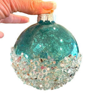 Set of 4 Aqua Glass Ornaments Embellished With Crystals and Sequins, NWT or Box